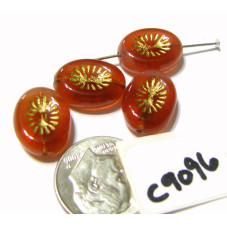 C9096 Czech Glass Bead Carved Oval Kiwi Starburst MULBERRY & PINK OPAL SWIRL w/ PICASSO & GOLD WASH   14x10mm