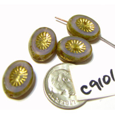 C9101 Czech Glass Bead Carved Oval Kiwi Starburst AMETHYST OPAL w/ PICASSO & GOLD WASH   14x10mm