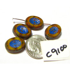 C9100 Czech Glass Bead Carved Oval Kiwi Starburst  ORANGE OPAL w/ PICASSO & DENIM WASH  14x10mm