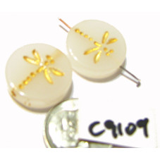 C9109 Czech Glass Dragonfly Coin Bead JADE WHITE w/ GOLD   17mm