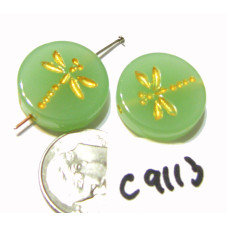C9113 Czech Glass Dragonfly Coin Bead JADE GREEN w/ GOLD   17mm
