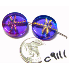 C9111 Czech Glass Dragonfly Coin Bead BLUE PURPLE w/ GOLD   17mm