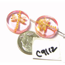 C9112 Czech Glass Dragonfly Coin Bead CRYSTAL PINK w/ GOLD   17mm