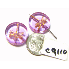 C9110 Czech Glass Dragonfly Coin Bead CRYSTAL LILAC w/ GOLD   17mm