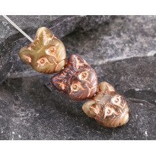 C9121 Czech Glass Kitty Cat Head Bead Calico w/ Copper 13x11mm