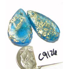 C9126 Czech Glass Teardrop Pendant AQUAMARINE w/ GOLD  18x30mm